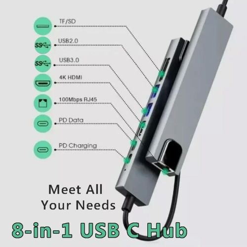 Share this product addigoes 8 in 1 USB C Hub Multiport Adapter with Ethernet, Laptop Docking Station 8 in 1 Hub with 4K HDMI RJ45 PD 100W SD/TF Card Slot USB3.0 and OTG Port Suitable for MacBook, PC, XPS, ChromeBook, Surface, etc